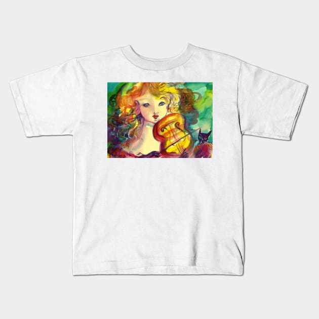 VIOLINIST GIRL ,VIOLIN AND CAT Kids T-Shirt by BulganLumini